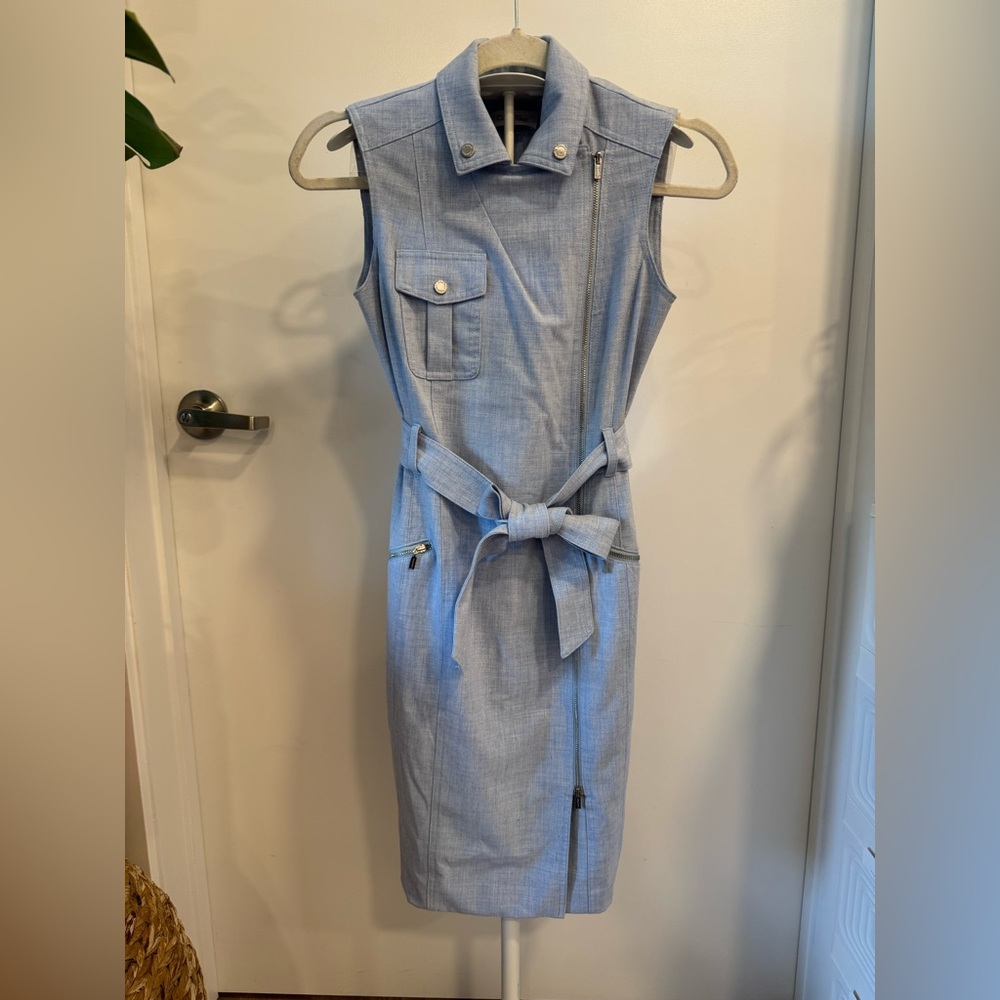 Calvin Klein Light Blue Sleeveless Zip-Front Belted Sheath Dress